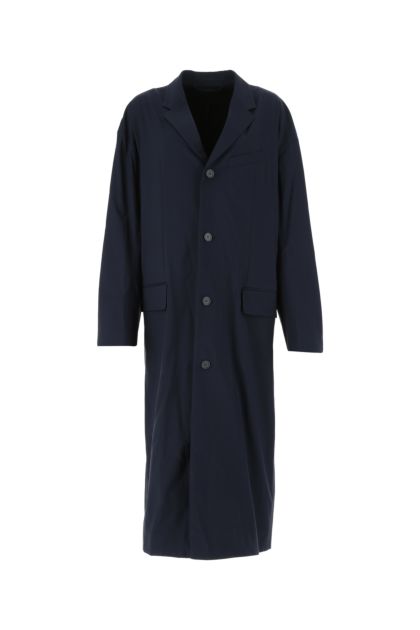 Dark blue stretch nylon oversize overcoat 