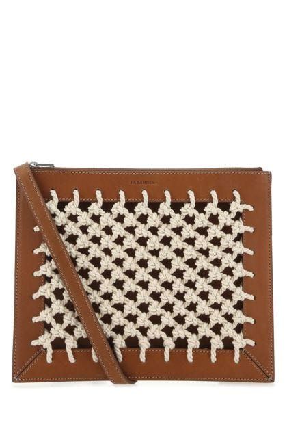 Brown leather and fabric crossbody bag