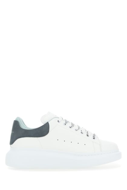 White leather sneakers with air force blue suede heel