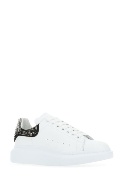White leather sneakers with embellished fabric heel