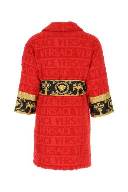 Red terry fabric bathrobe