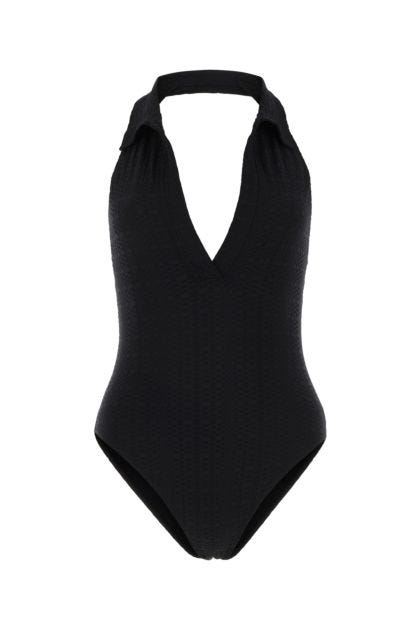 Black stretch seersucker Polo Maillot swimsuit