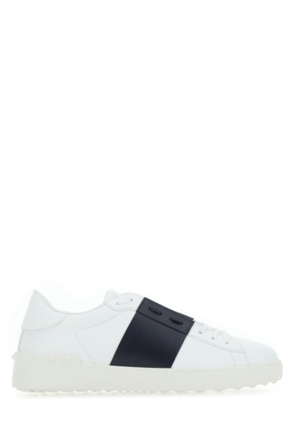 White leather Open sneakers with midnight blue band 