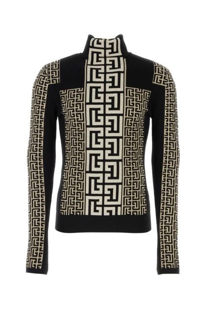 Embroidered stretch wool blend sweater